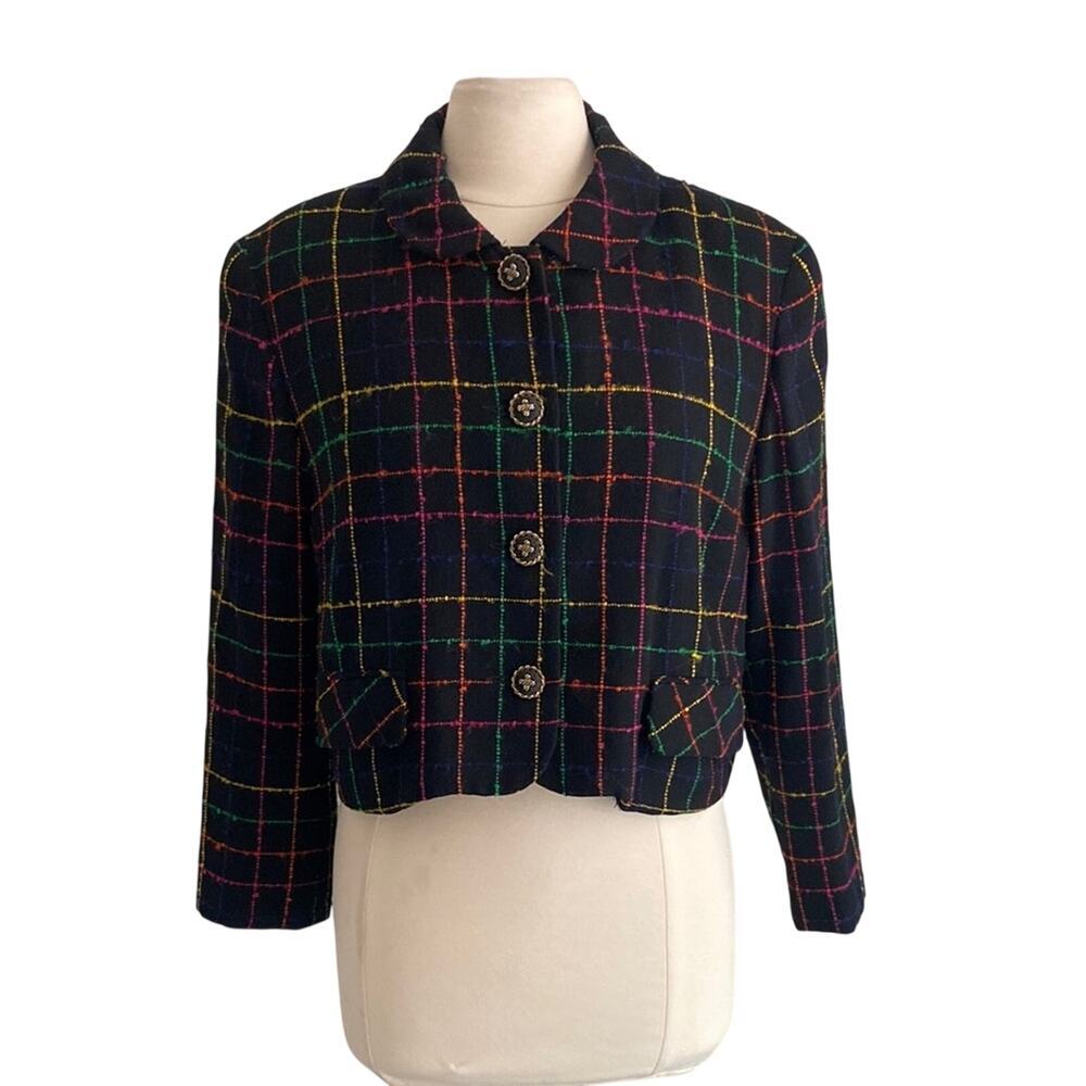 VINTAGE Plaid Cropped Jacket Womens Sz 14 Multicolor Kristinn Steinarr Wool